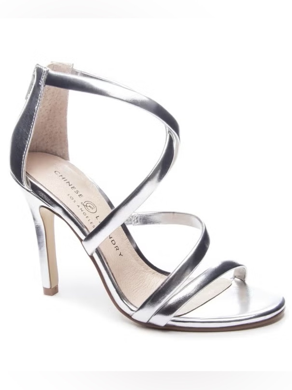 Chinese Laundry Jillian dazzle metallic silver strappy sandals back-zip closure